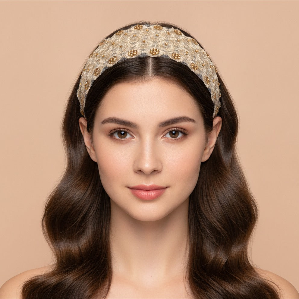 Embellished Daisy Padded Headband - Champagne & Navy