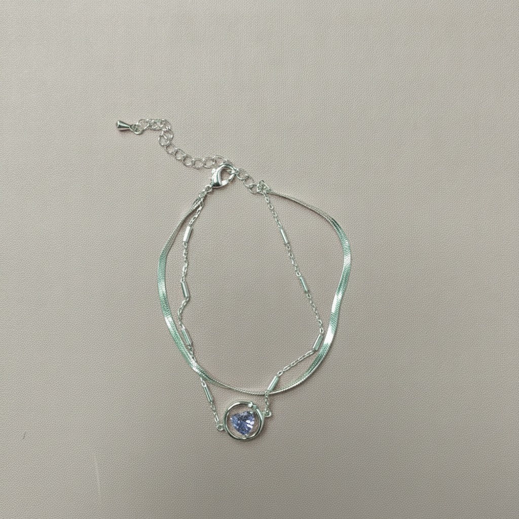 Layered Chain Bracelet with Stone - Silver