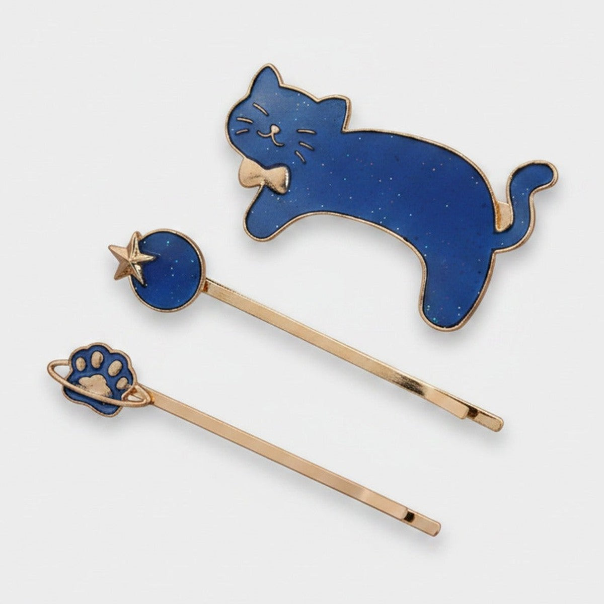 Blue Enamel Cat Hair Clips Set With Star Charm – hair accessories (view 1)