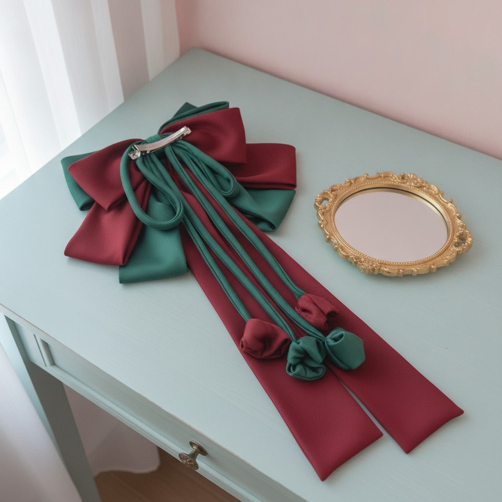 Ribbon Bow Hair Claw Clip - Burgundy & Forest