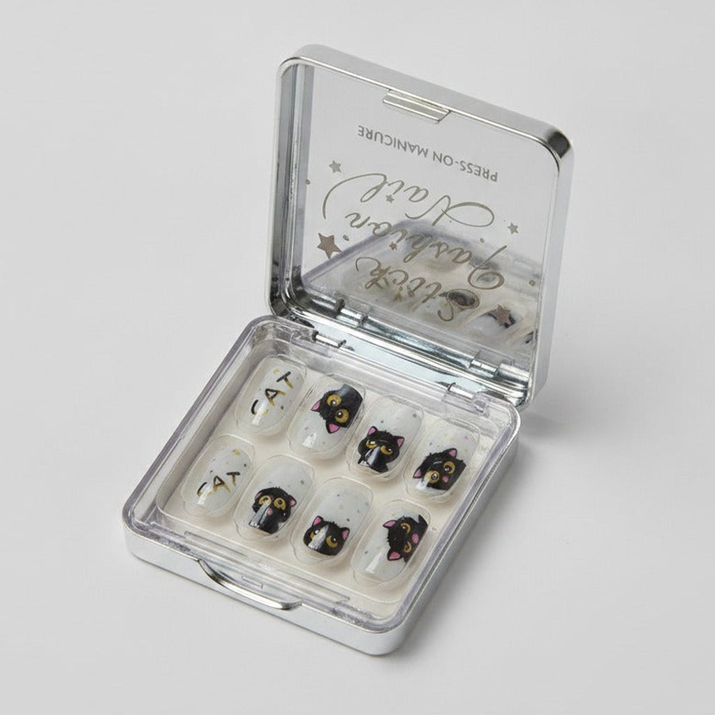 Cat Face Press-On Manicure Set - Cream & Black Cat