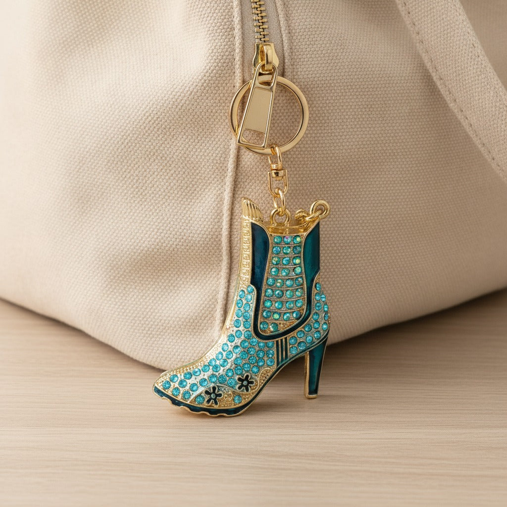 Rhinestone Cowboy Boot Keychain - Turquoise