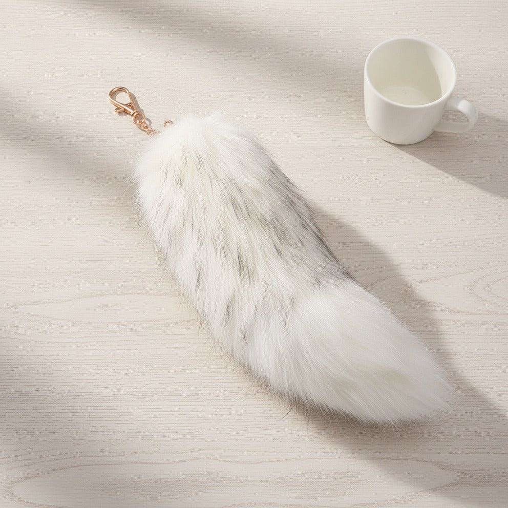 Fluffy Faux Fur Tail Keychain - Cream