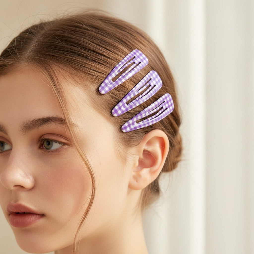 Polka Dot Teardrop Hair Clips Set Purple Check