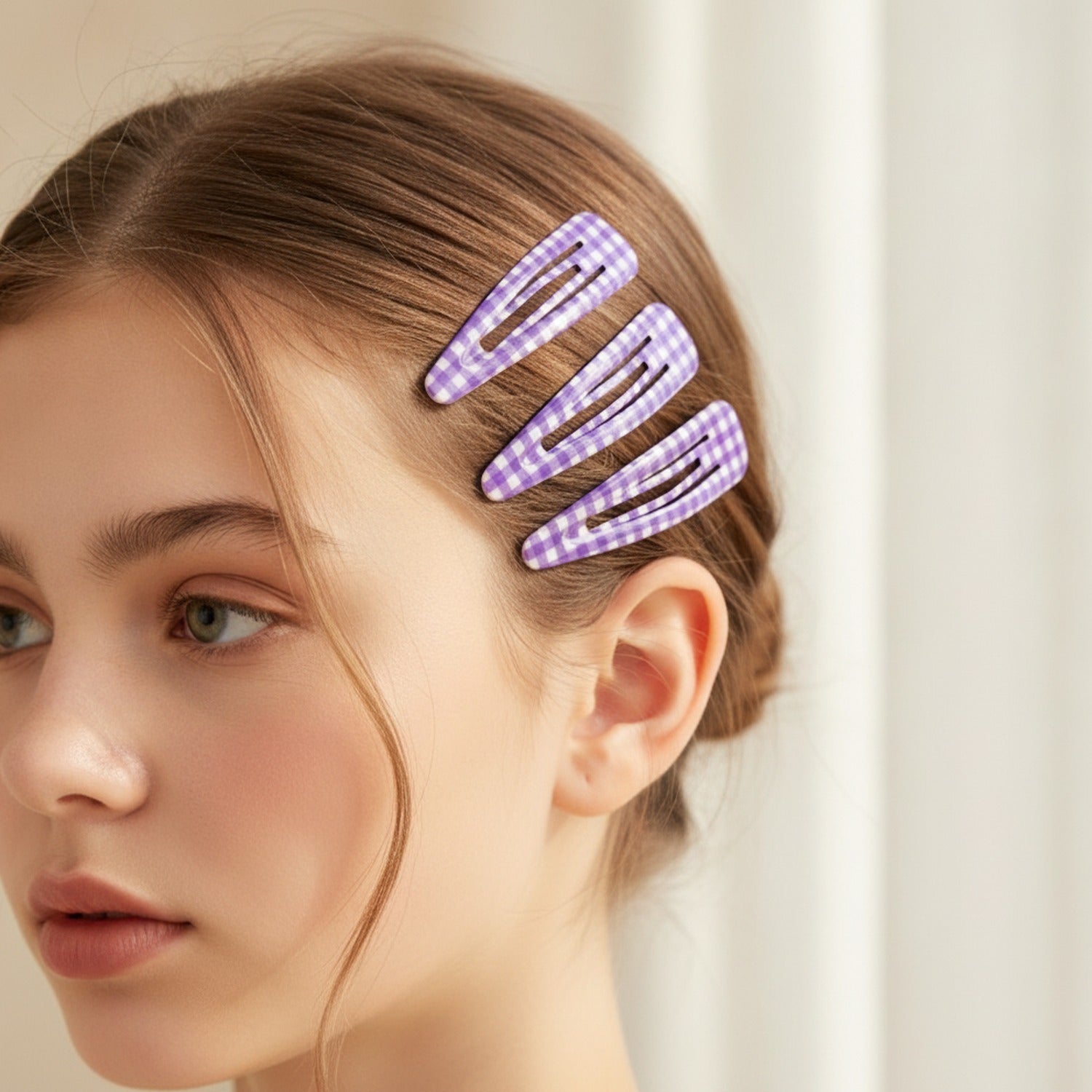 Polka Dot Teardrop Hair Clips Set Purple Check