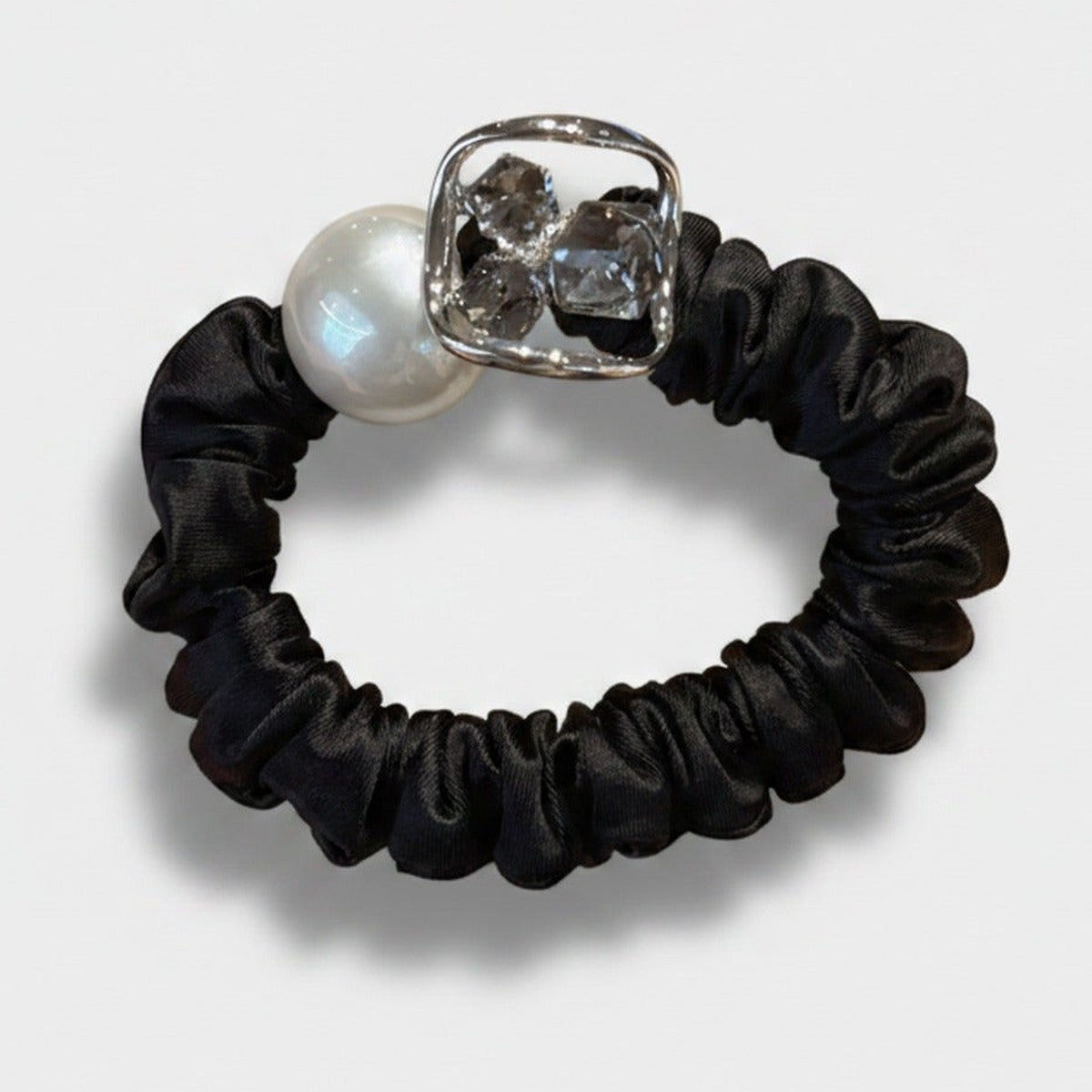 Black Scrunchie With Pearl And Silver Charm – hair accessories (view 1)