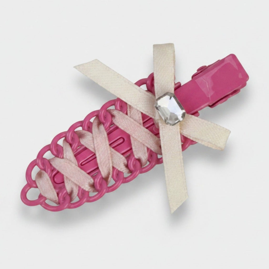 Pink Scalloped Hair Clip With Cream Ribbon – hair accessories (view 1)