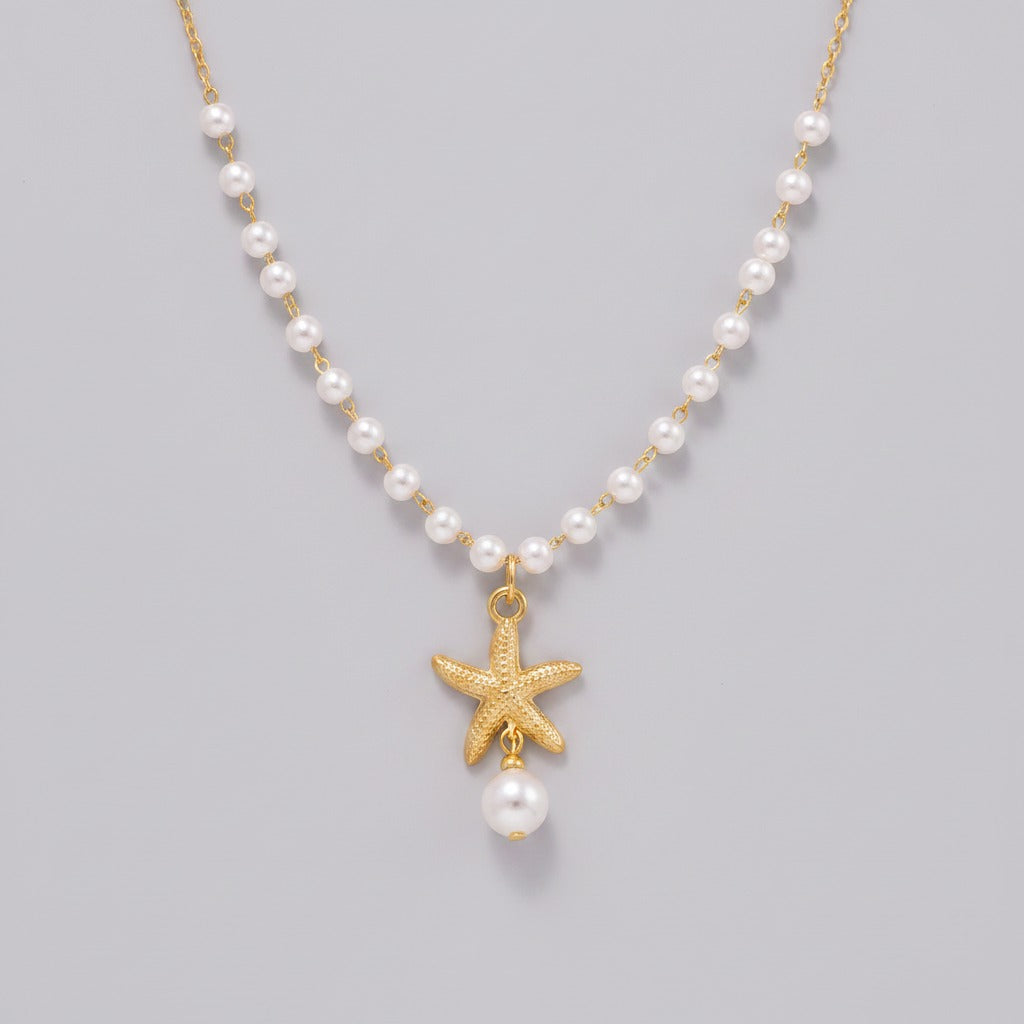 Pearl Starfish Charm Necklace - Gold Starfish