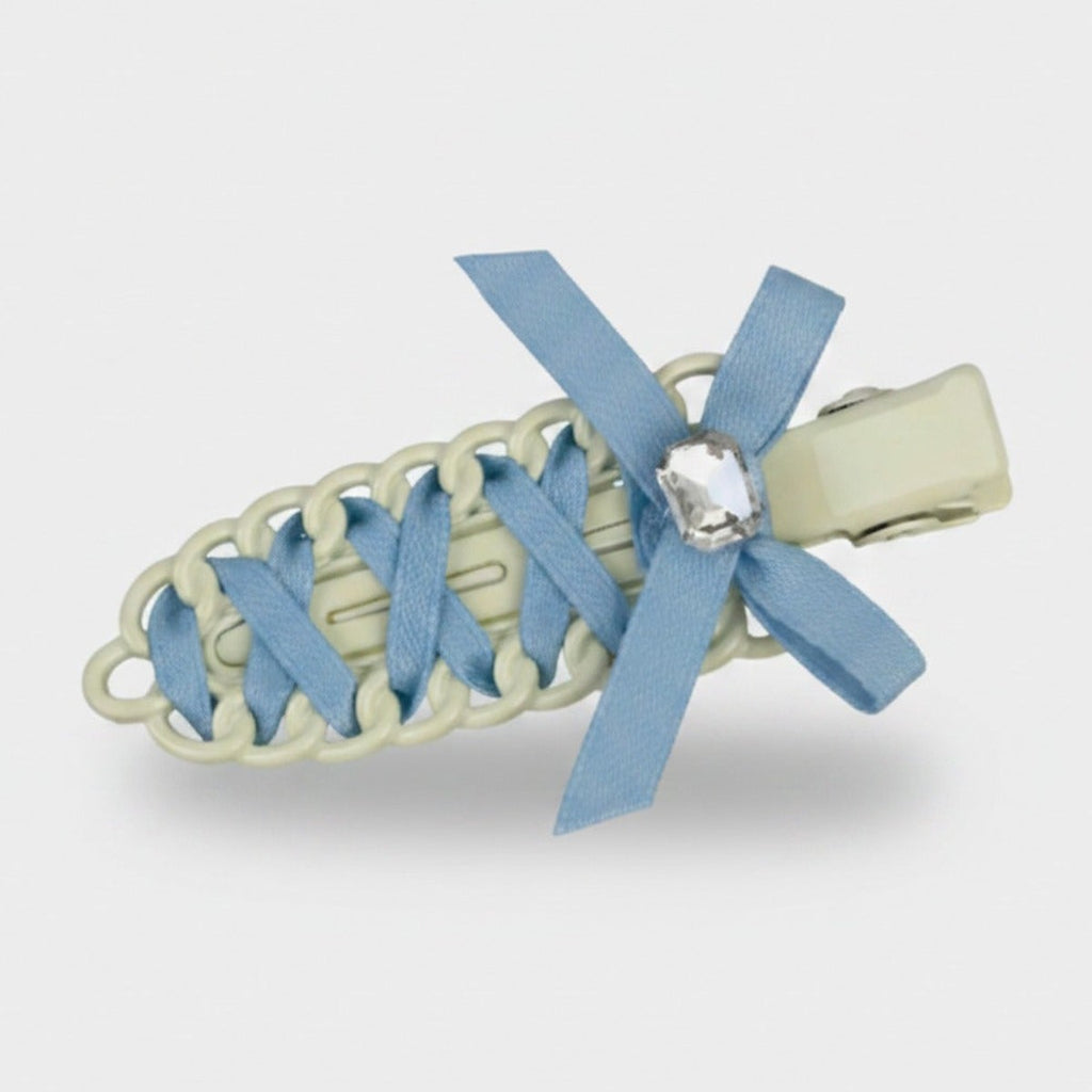 Blue Ribbon Braided Hair Clip with Crystal Detail – hair accessories (view 1)