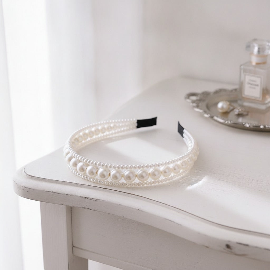 Layered Pearl Beaded Headband - Cream Pearl