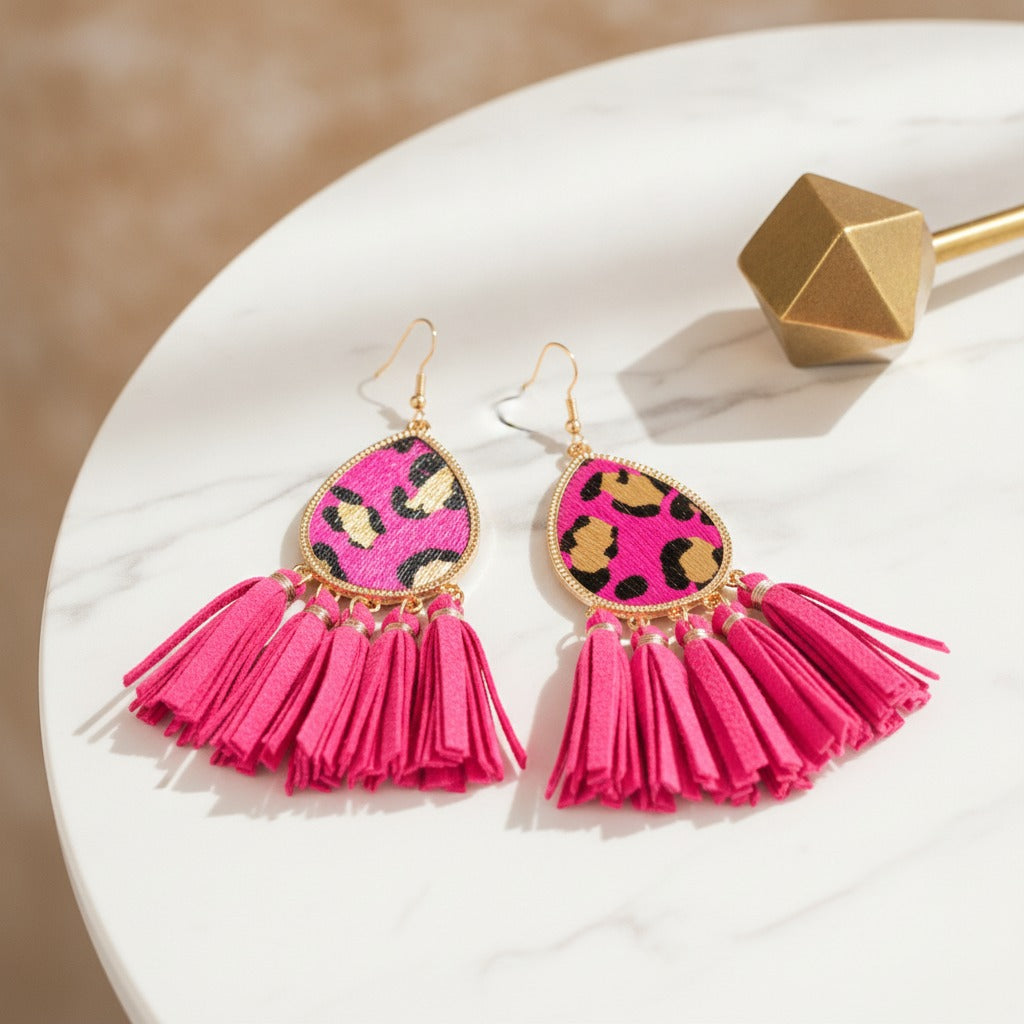 Leopard Print Tassel Drop Earrings - Rose