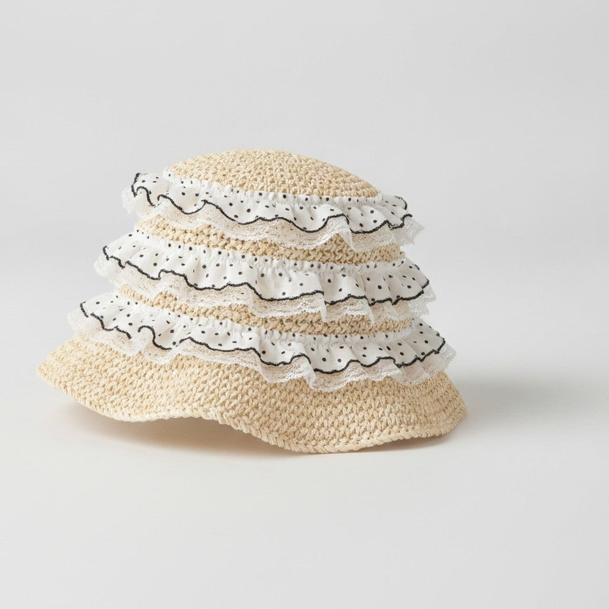Wavy Ruffle Knit Bucket Hat With Lace Trim – apparel accessories (view 1)