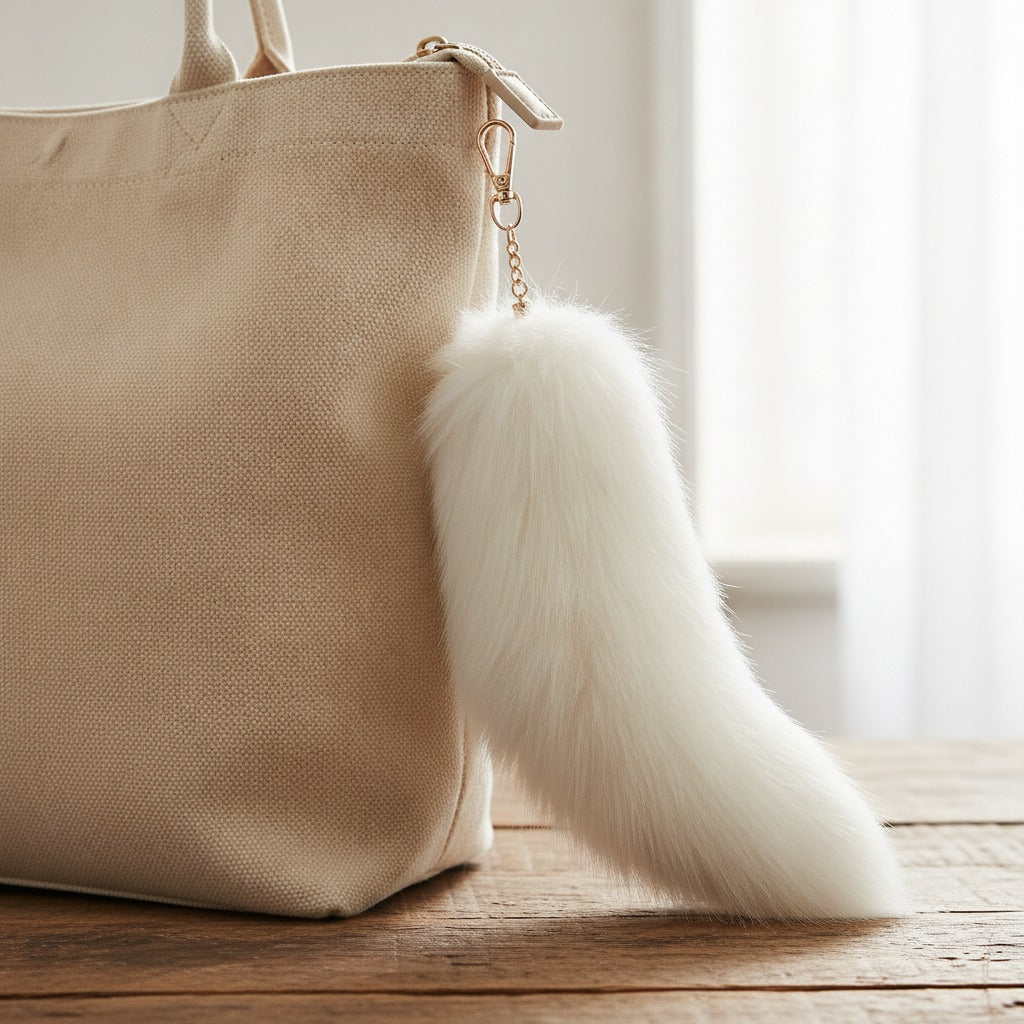Fluffy Faux Fur Tail Keychain - White
