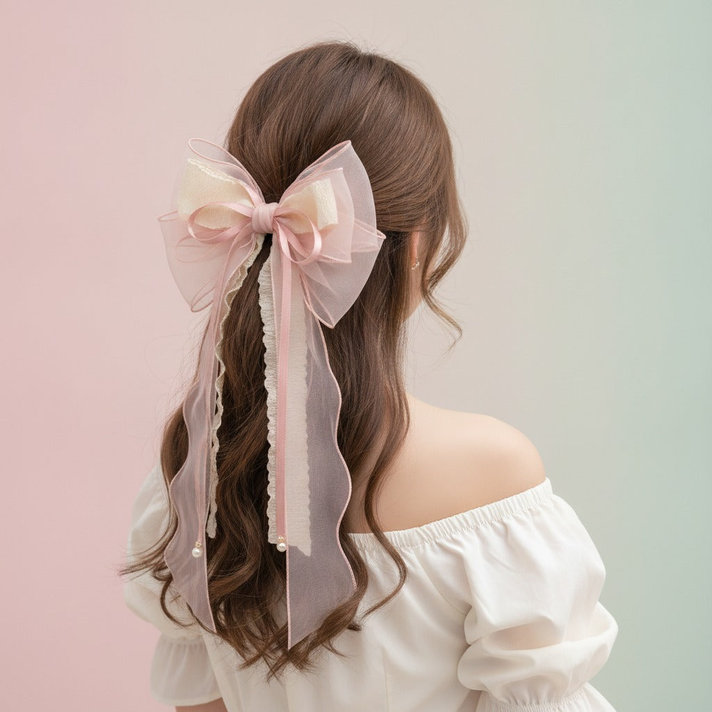 Sheer Bow Hair Claw - Peach Pink