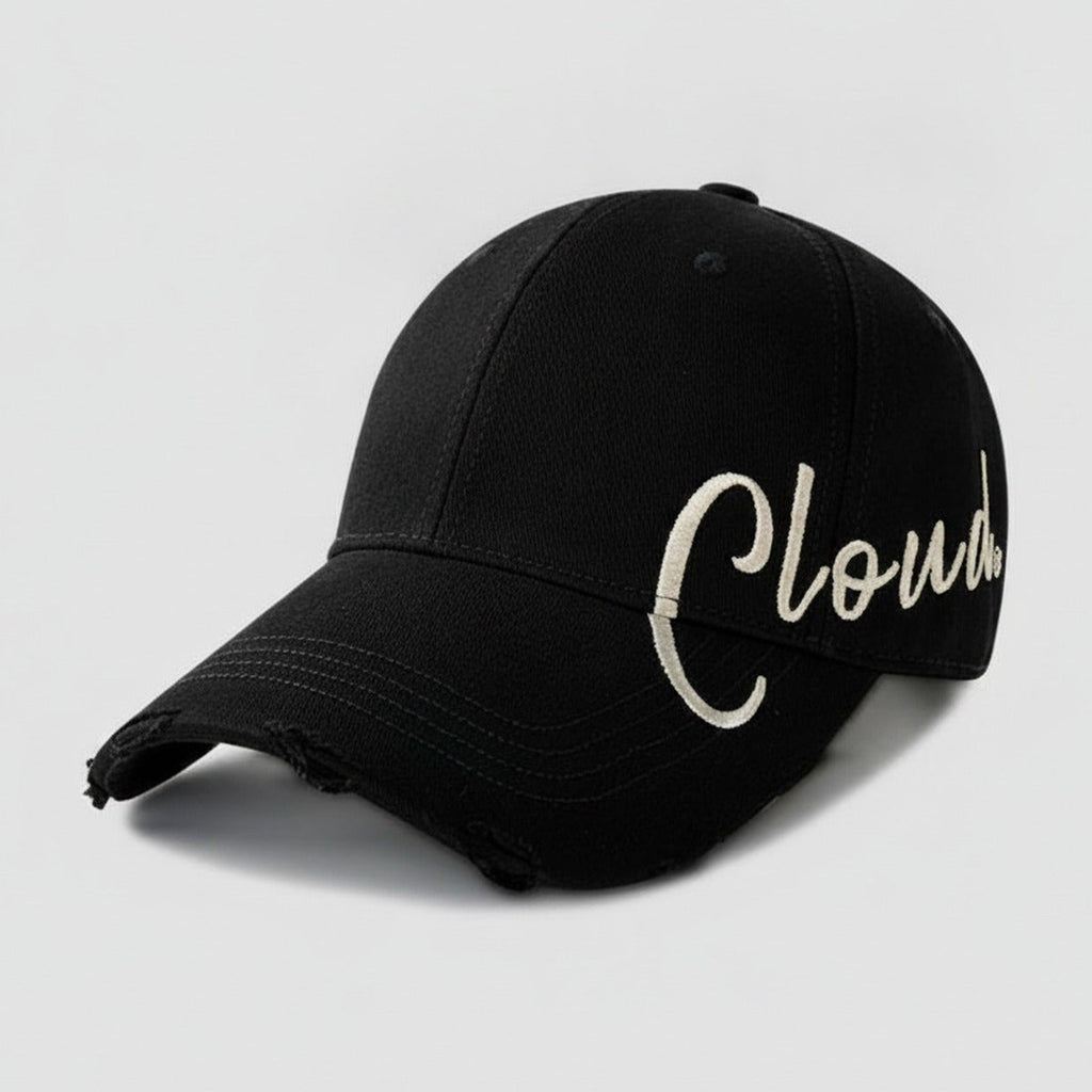 Distressed Baseball Cap with Script Embroidery - Black – apparel accessories (view 1)
