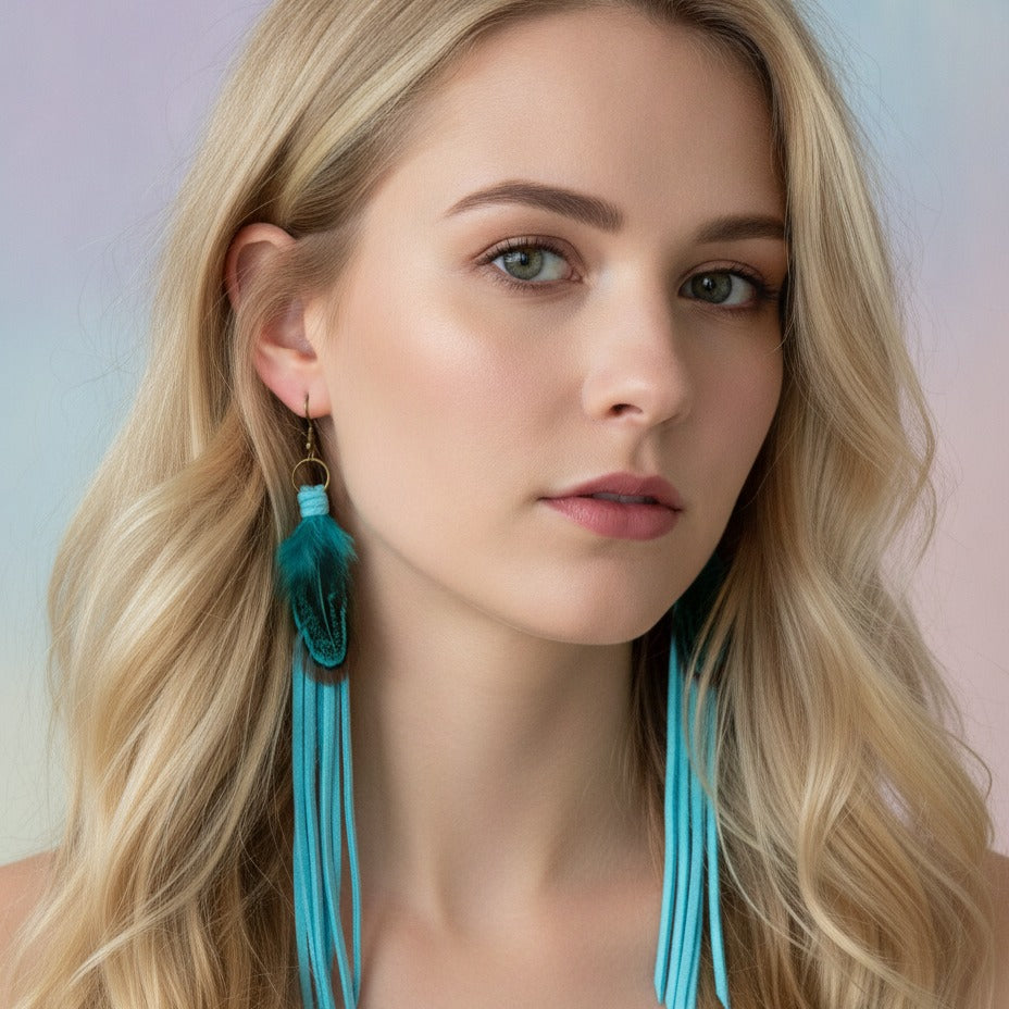 Feather Fringe Dangle Earrings - Turquoise