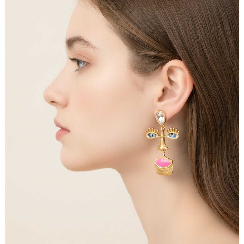 Gold Abstract Face Statement Earrings Gold & Pink