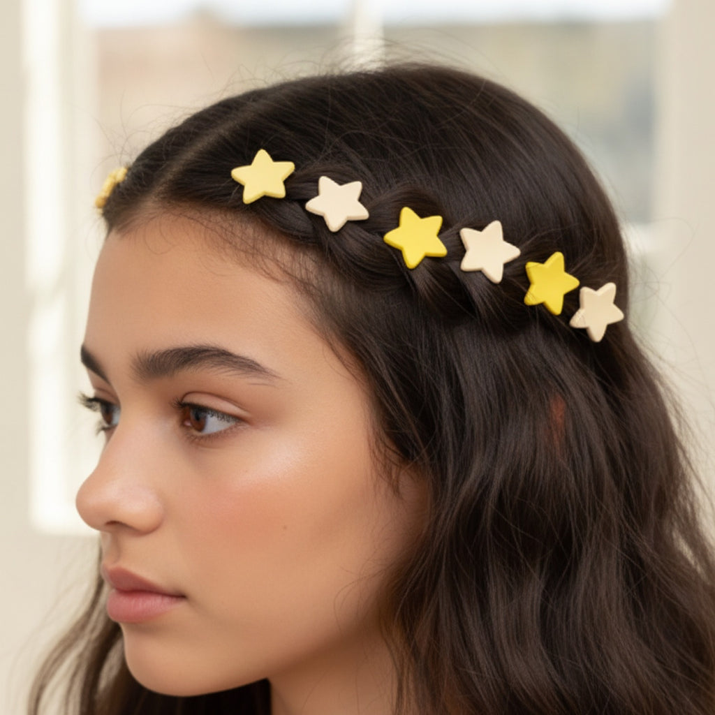 Blue Flower Hair Clips Set Yellow Stars