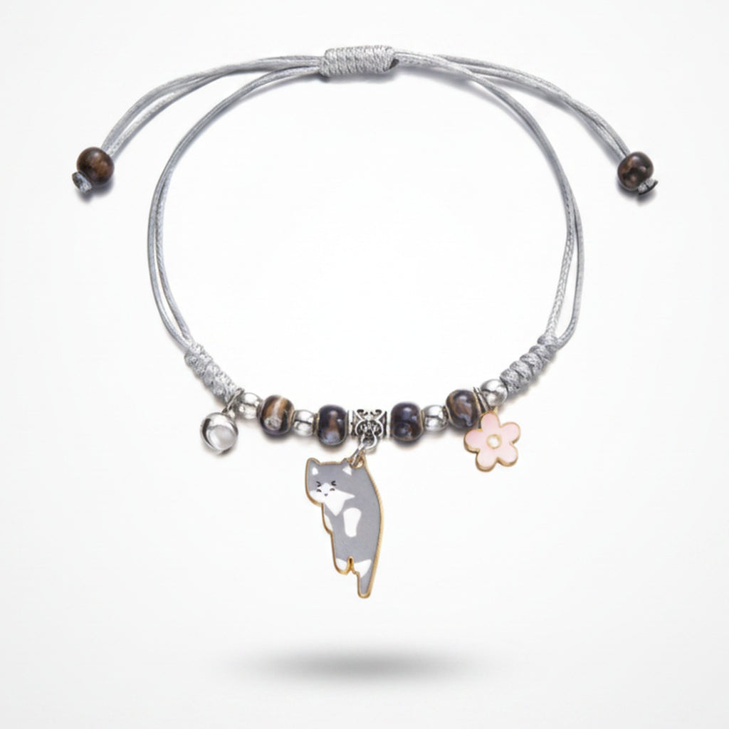 Beaded Cat Charm Bracelet with Flower - Lazy Cat Grey – jewelry (view 1)