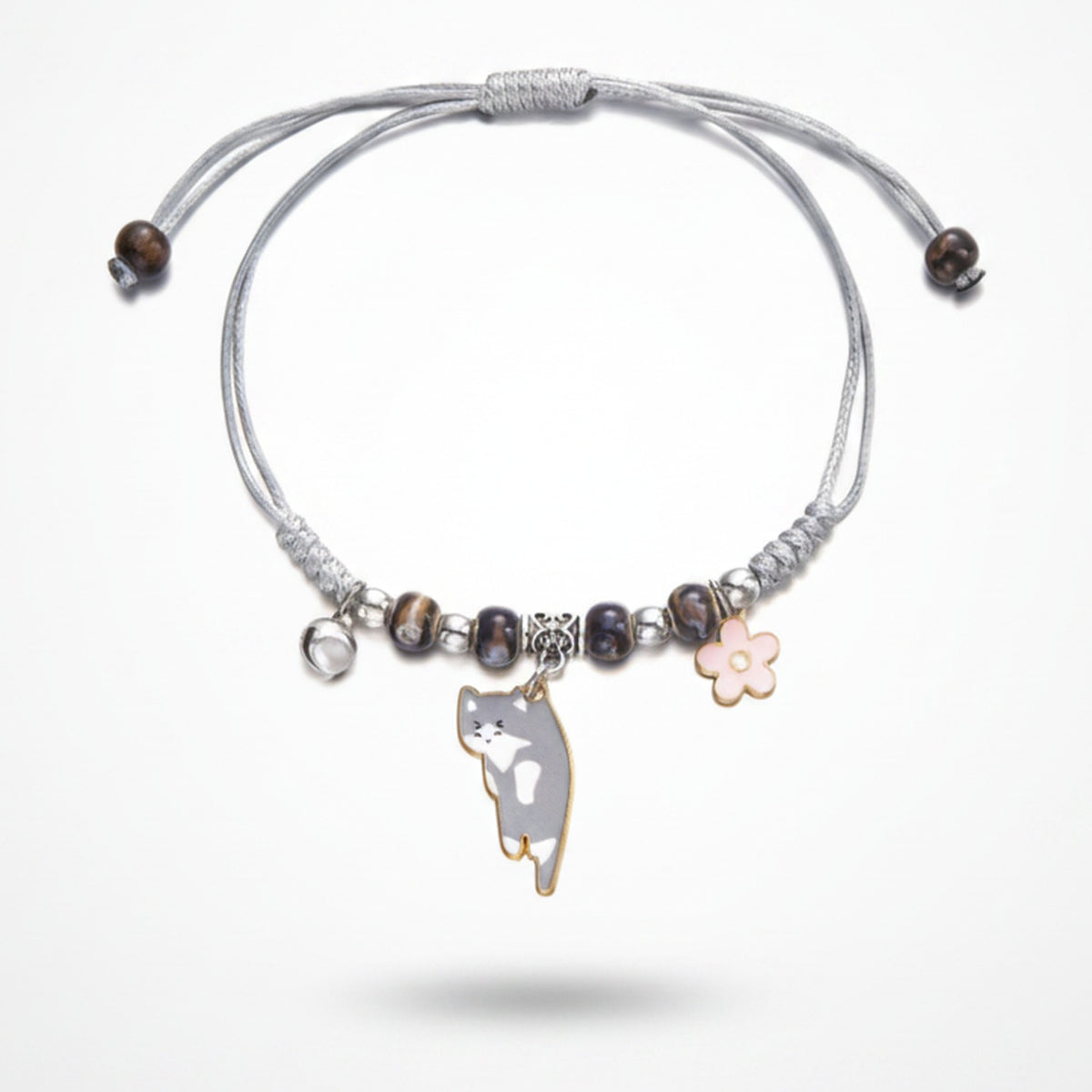 Beaded Cat Charm Bracelet with Flower - Lazy Cat Grey – jewelry (view 1)