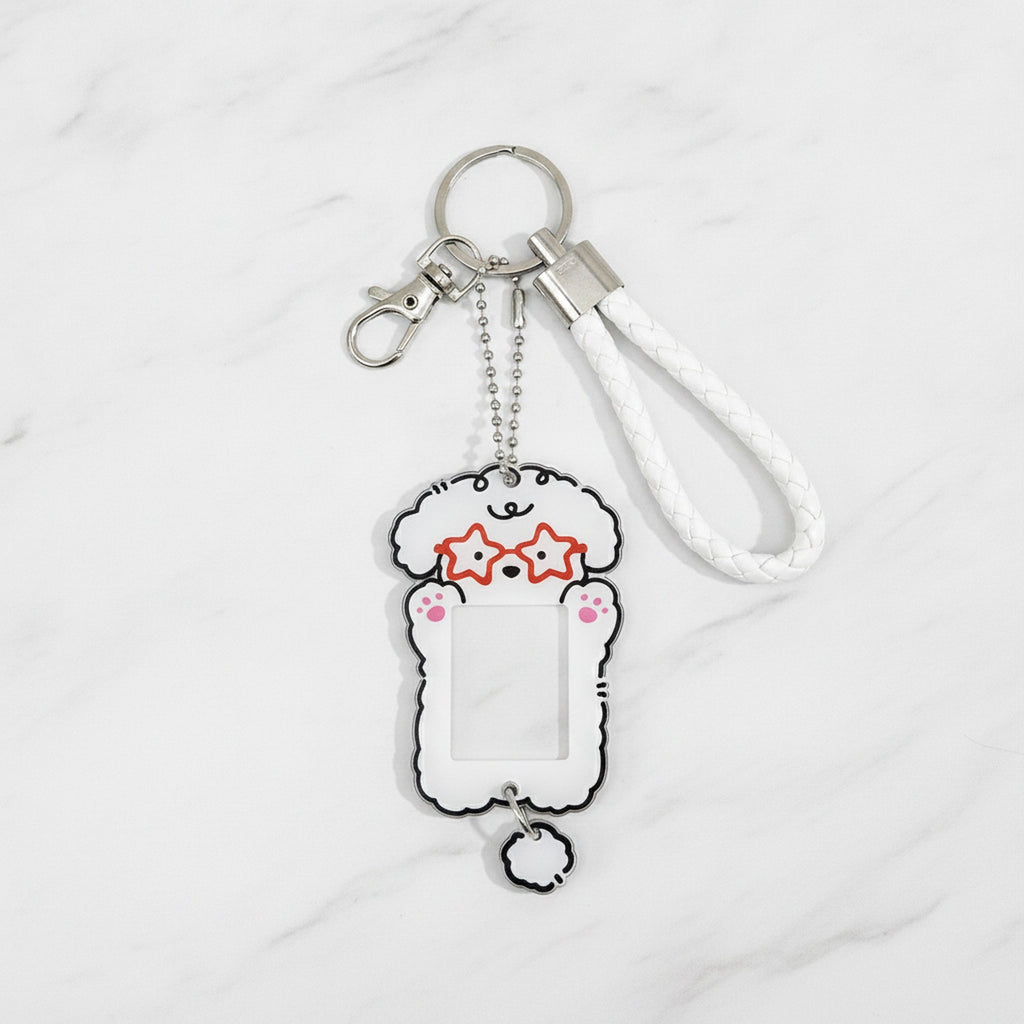 Puppy Photo Frame Keychain - White Pup Red Glasses