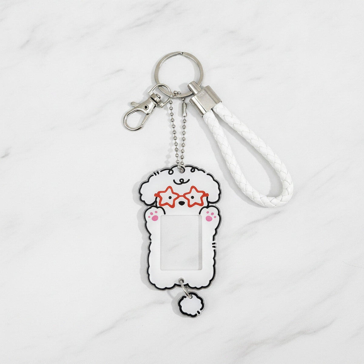 Puppy Photo Frame Keychain - White Pup Red Glasses