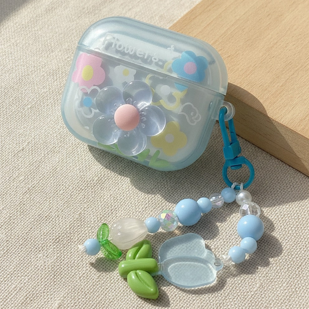3D Flower AirPods Case with Beaded Charm - Blue Floral (for AirPods 4)