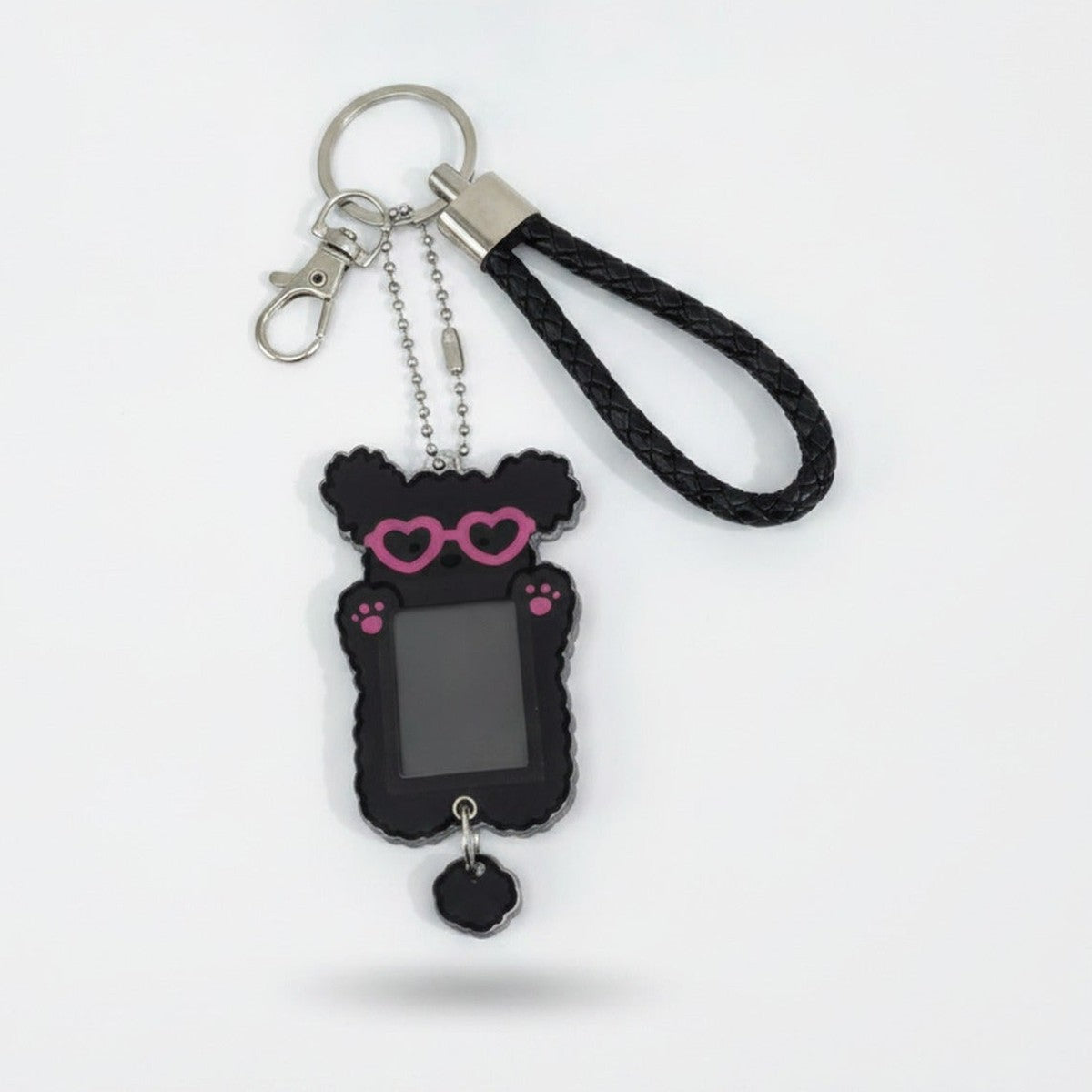 Puppy Photo Frame Keychain - Black Pup Pink Glasses