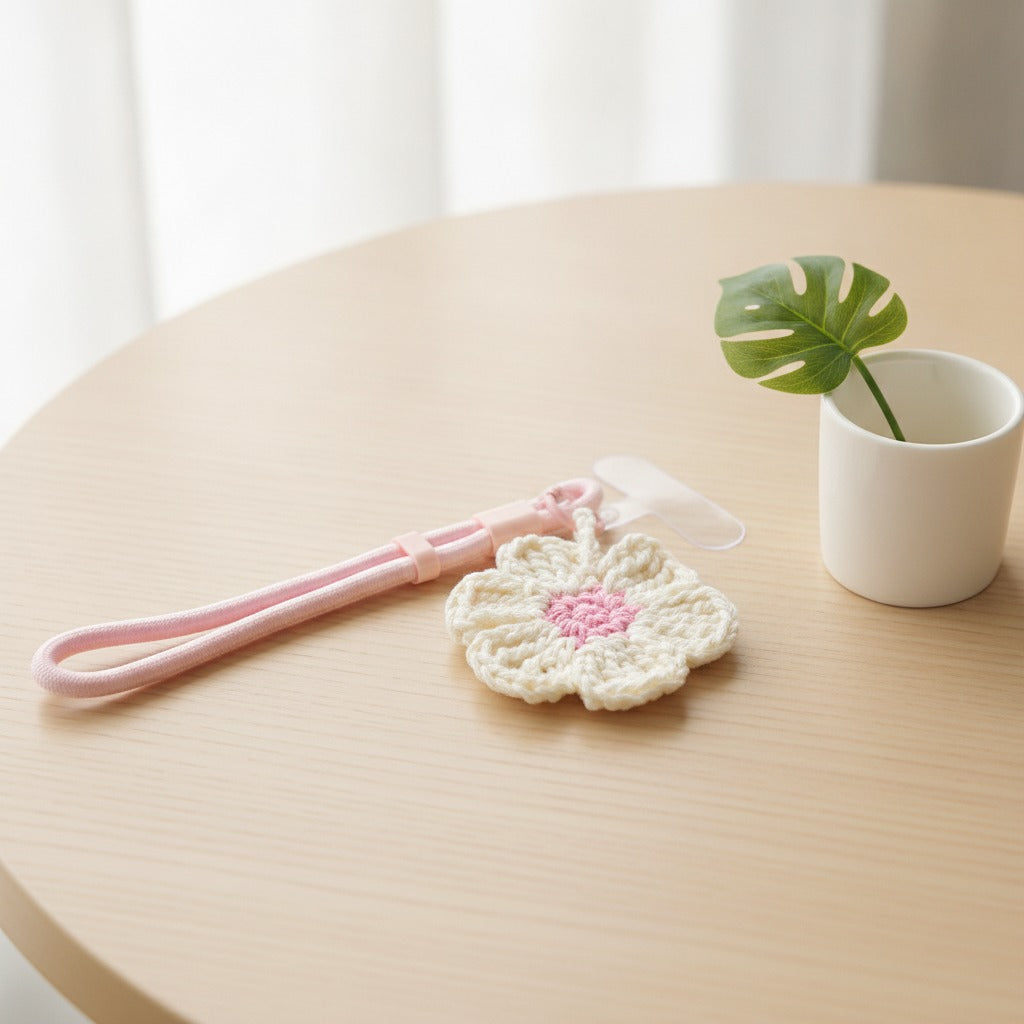Crochet Flower Bag Charm - Cream & Pink
