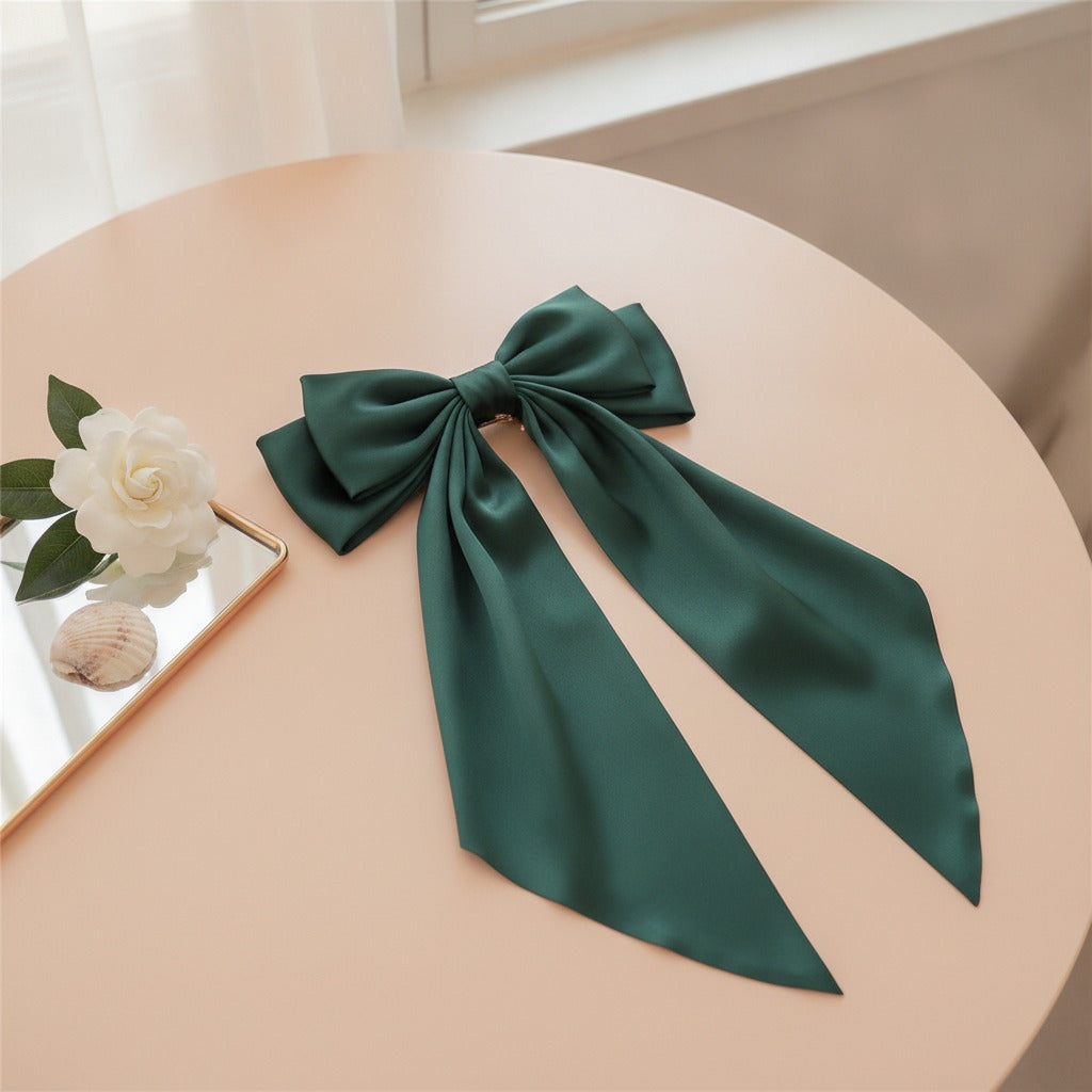 Silky Bow Hair Claw - Dark Green