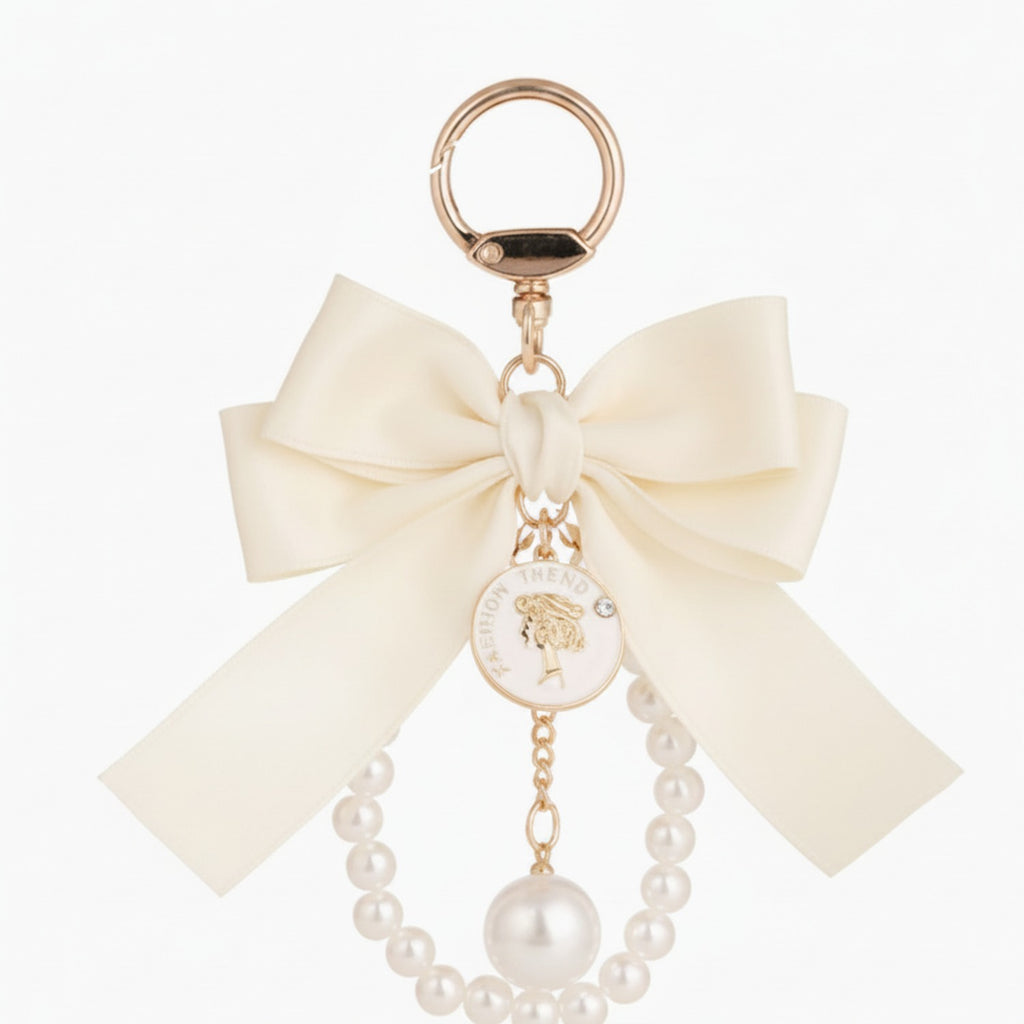 Coin Pearl Bow Bag Charm - Cream