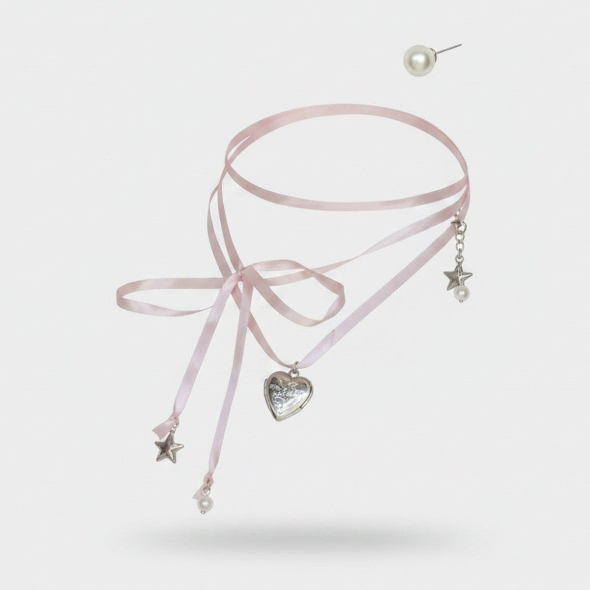 Pink Ribbon Heart Charm Choker With Pearl Studs – jewelry (view 1)