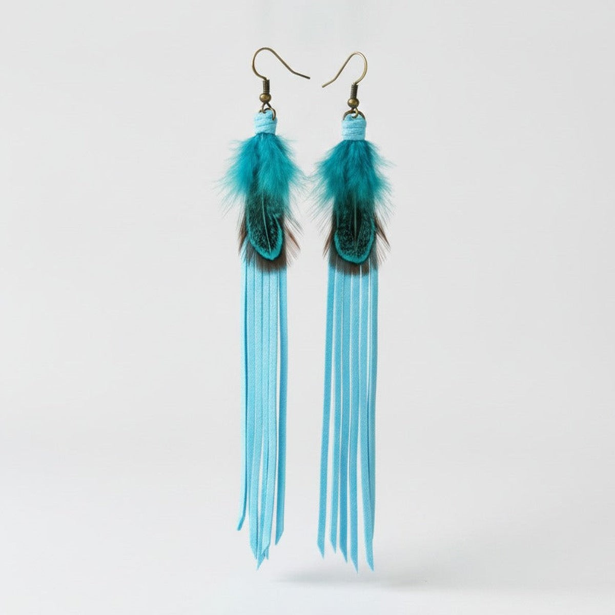 Feather Fringe Dangle Earrings - Turquoise