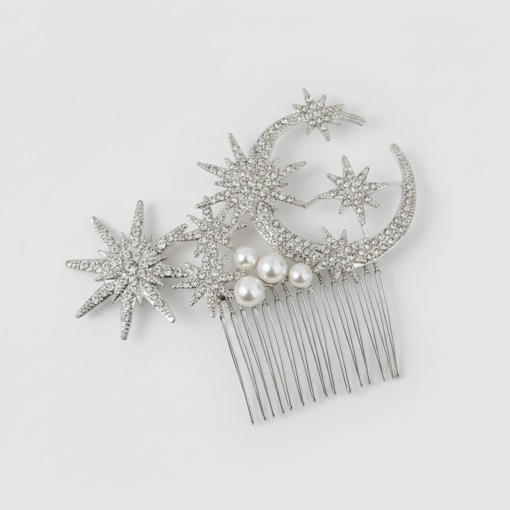 Celestial Star & Moon Hair Comb Silver Crystal