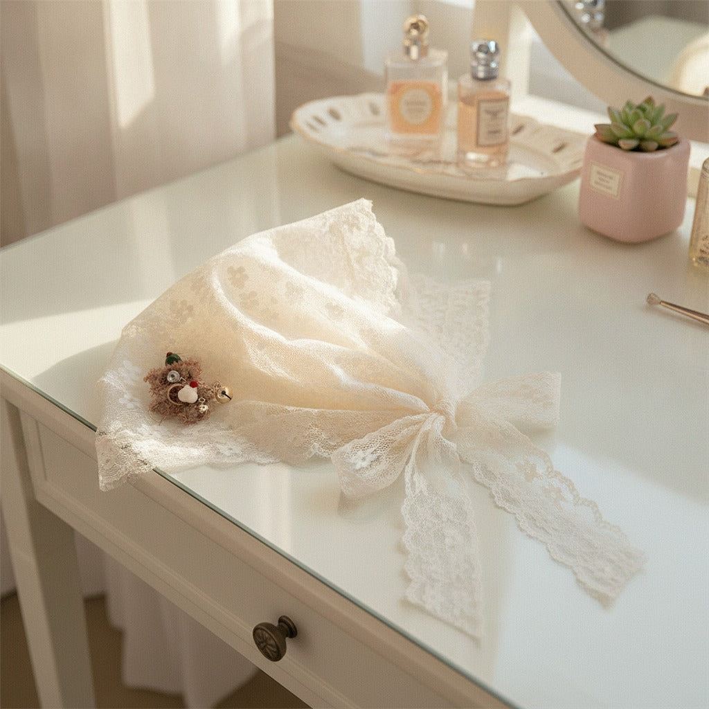 Embroidered Floral Mini Bonnet Headwrap - White Lace Floral