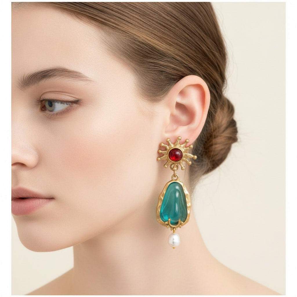 Celestial Pearl Drop Earrings Gold & Teal