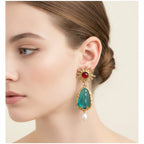 Celestial Pearl Drop Earrings Gold & Teal