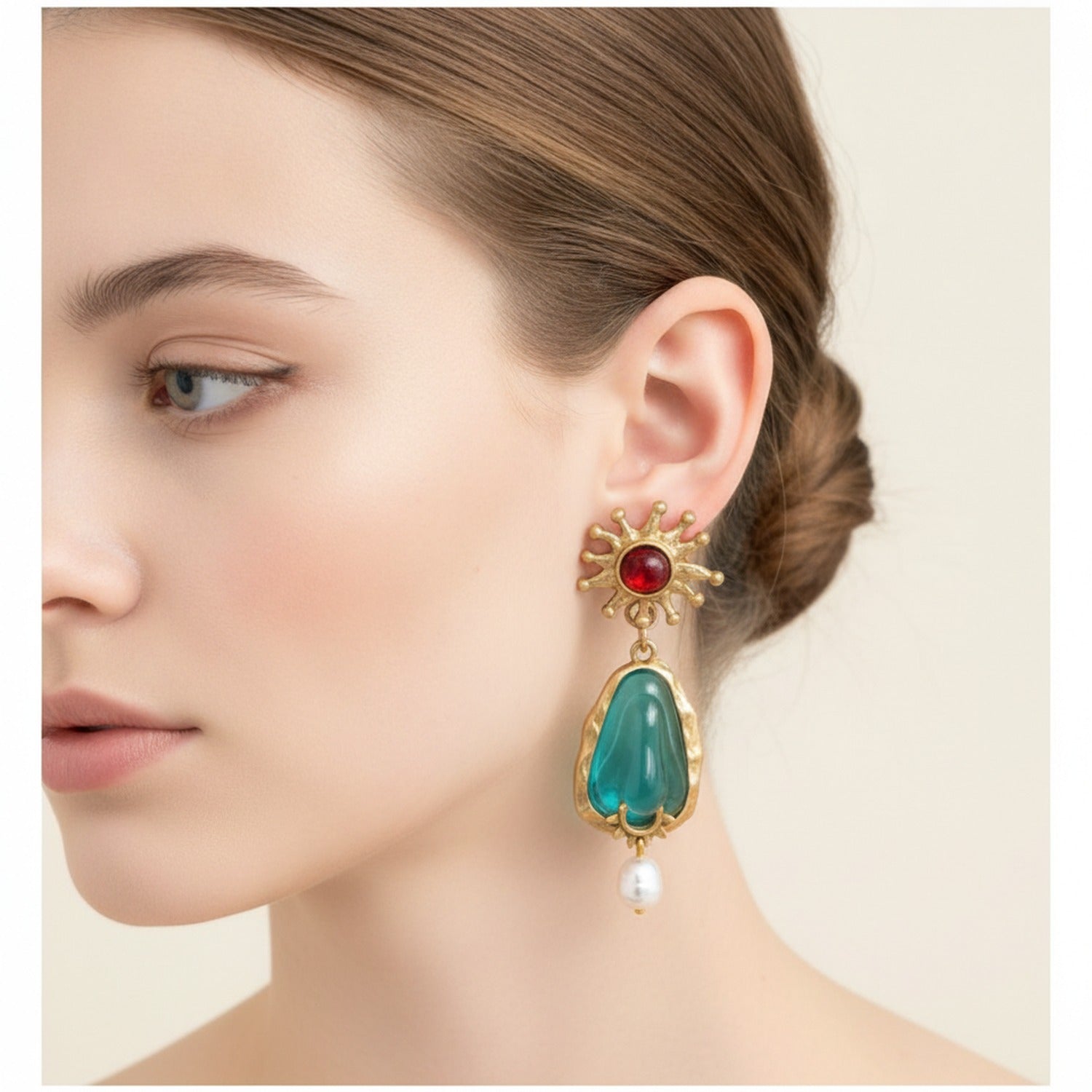Celestial Pearl Drop Earrings Gold & Teal
