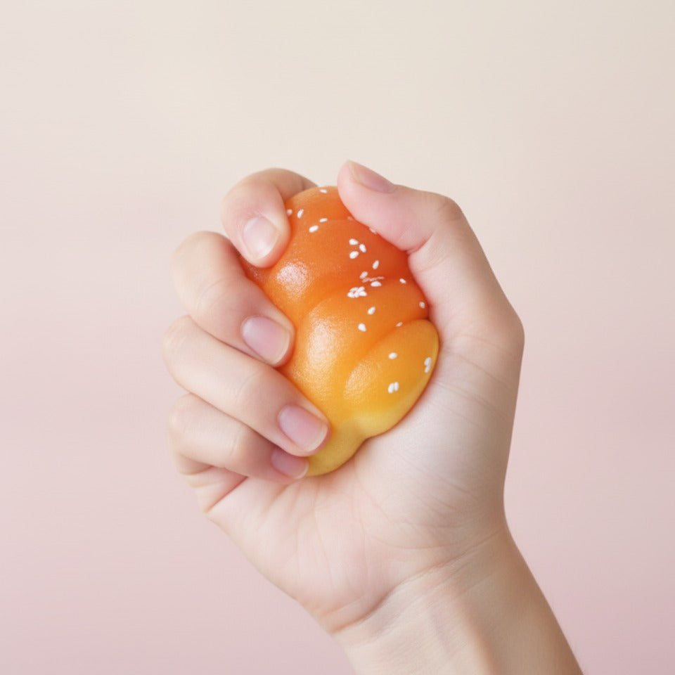 Orange White Sesame Bun Squishy Toy - squeeze in hand