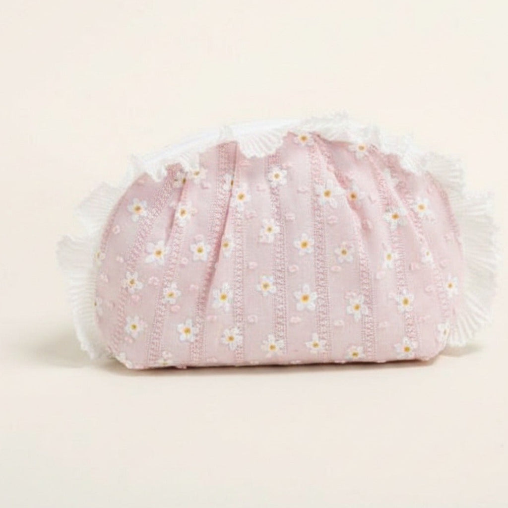 Pink Daisy Flower Quilted Cosmetic Bag With Faux Fur Trim – bags & wallets (view 1)