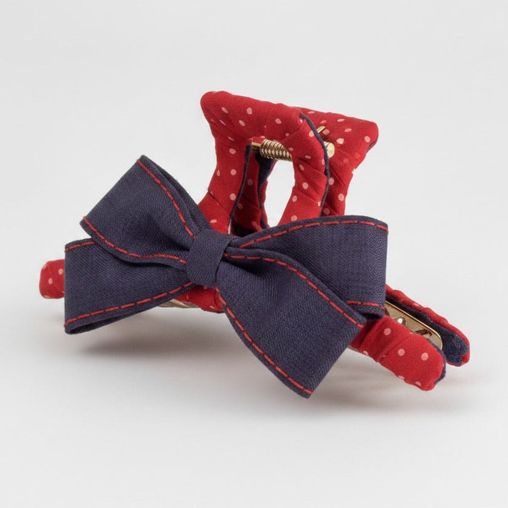 Preppy Bow Hair Claw Clip Set - Navy & Red
