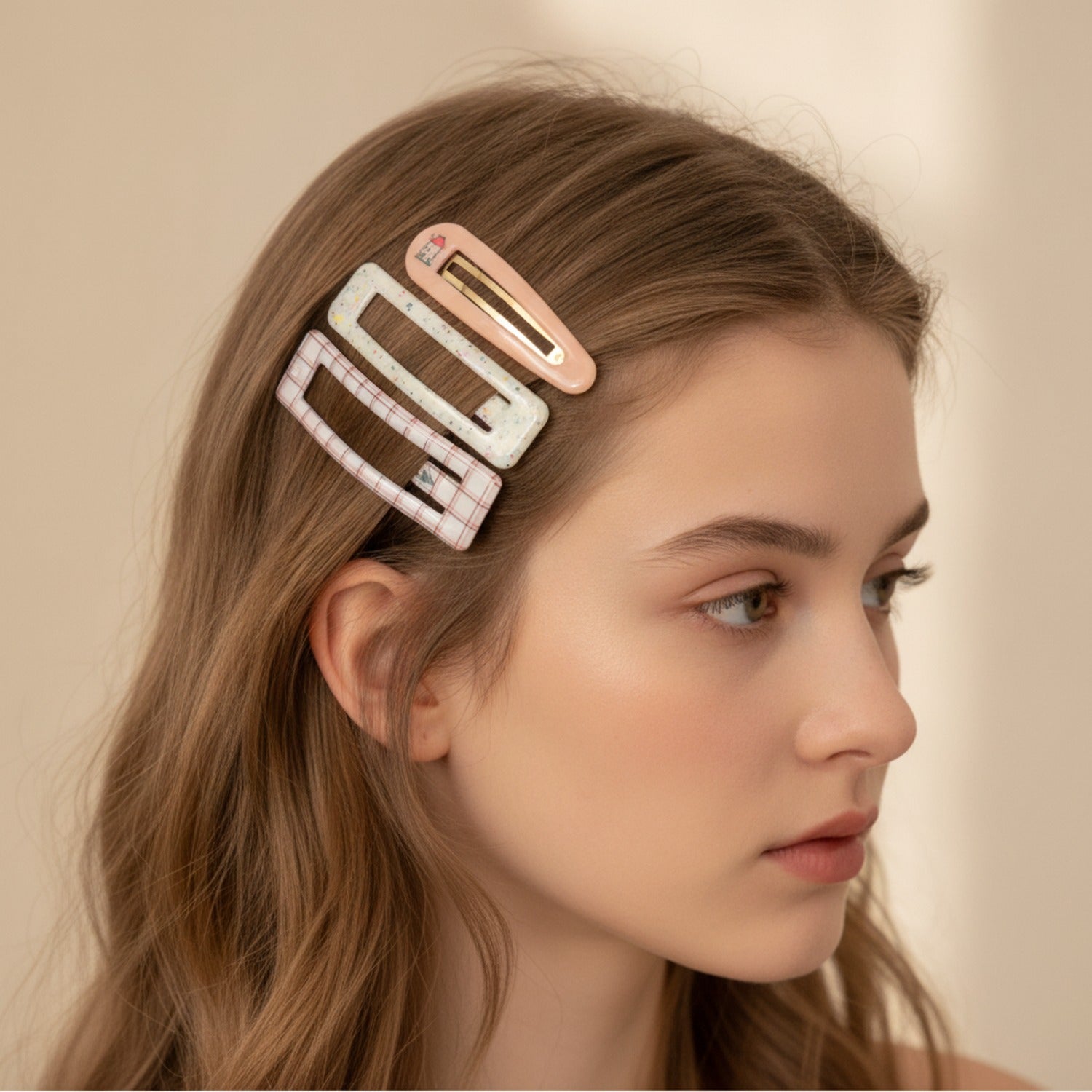 Le Ting Printed Snap Hair Clip Set Pink Peach Stripe Floral