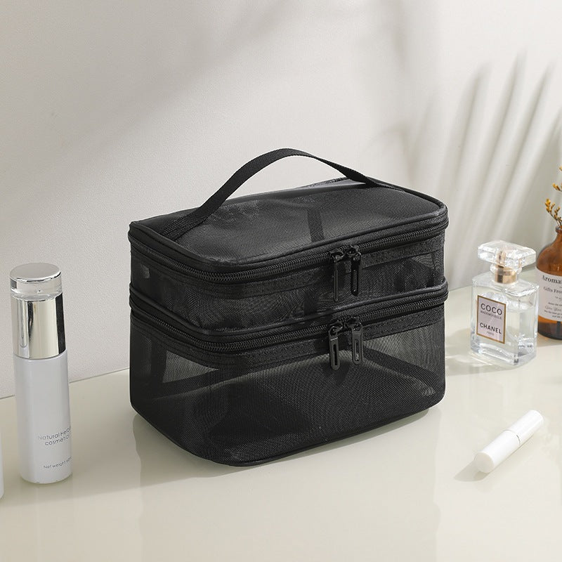 Large capacity double-layer mesh makeup bag - Black