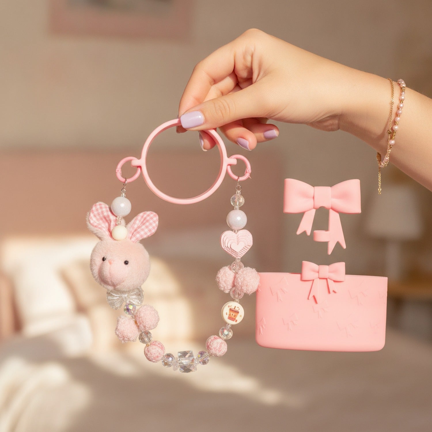 Fuzzy Bunny Charm Bag Clip Set White
