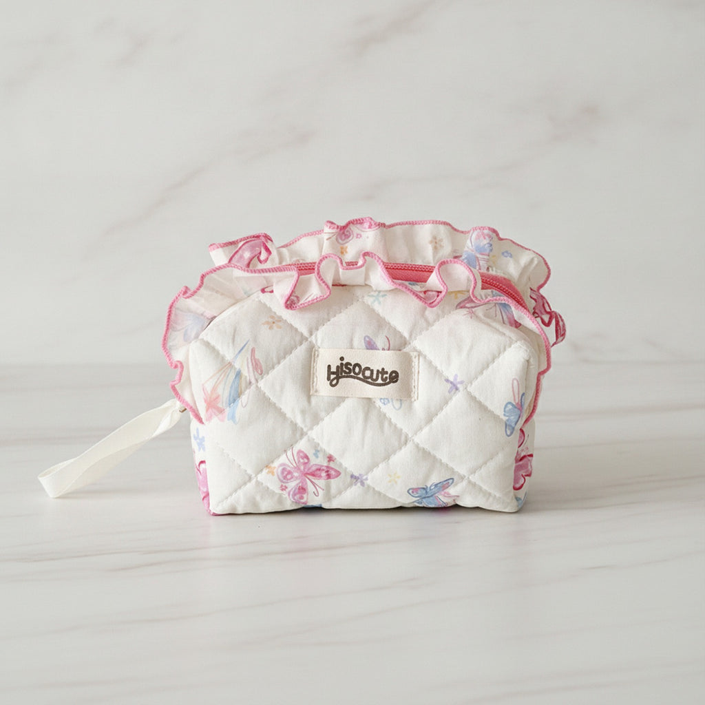 Quilted Butterfly Makeup Bag - White