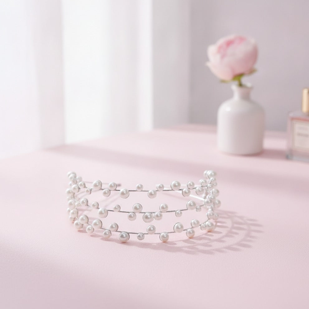 Layered Pearl Crown Headband - Silver