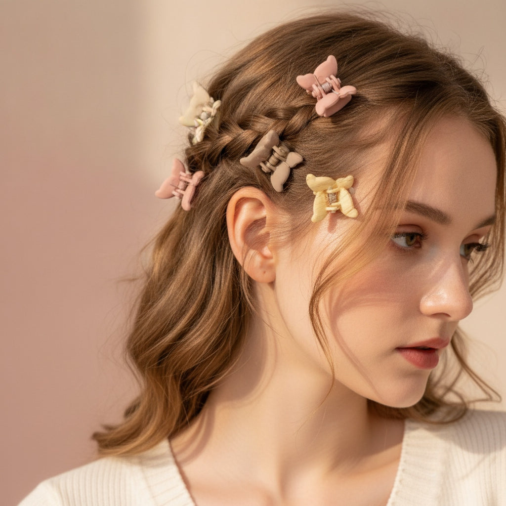 Blue Flower Hair Clips Set Tan Butterfly