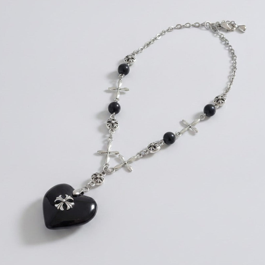 Cross Heart Charm Necklace - Black