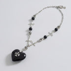 Cross Heart Charm Necklace - Black