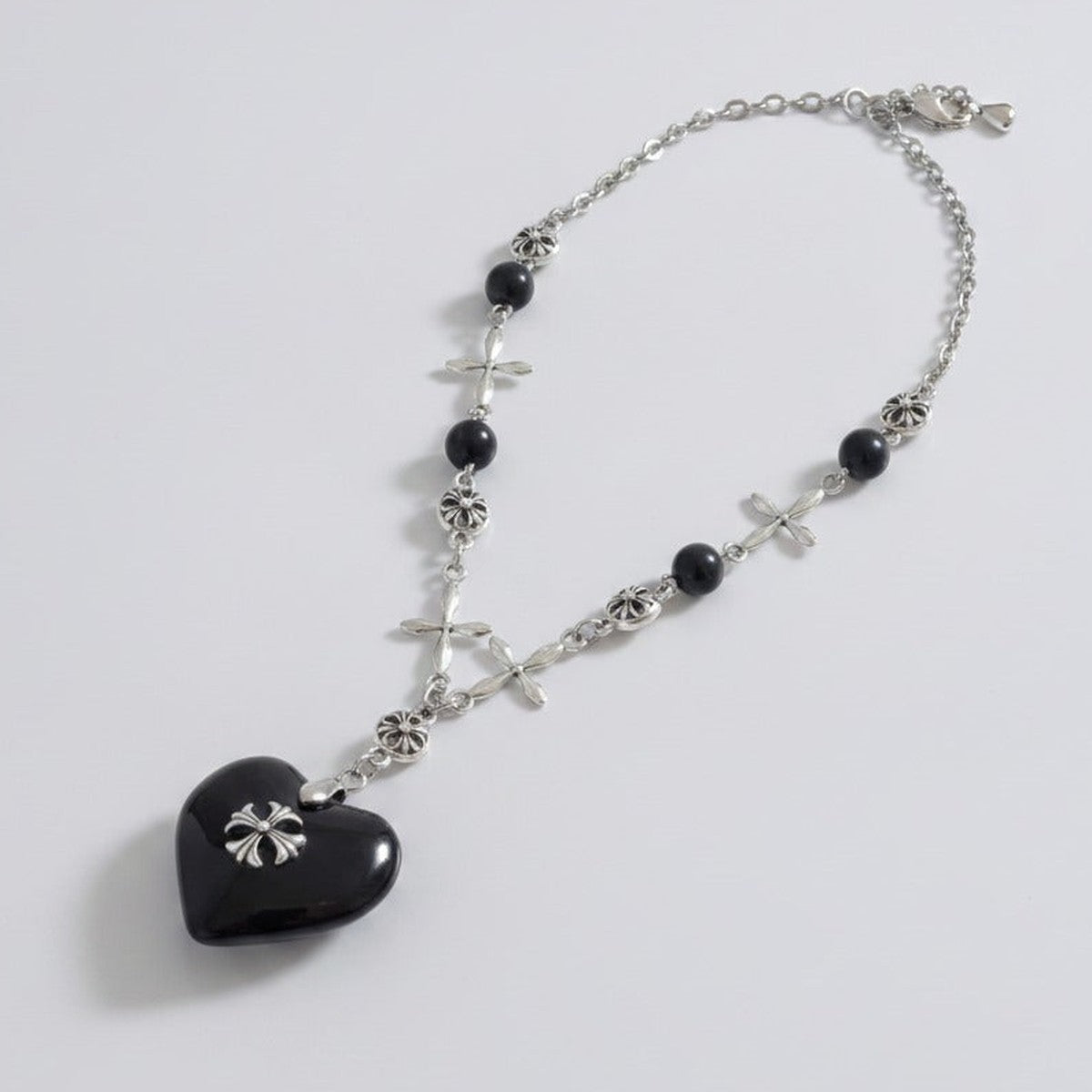 Cross Heart Charm Necklace - Black